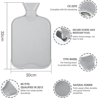BOLEi Wärmflasche 2L mit Weichem Bezug & Kängurutasche Grau