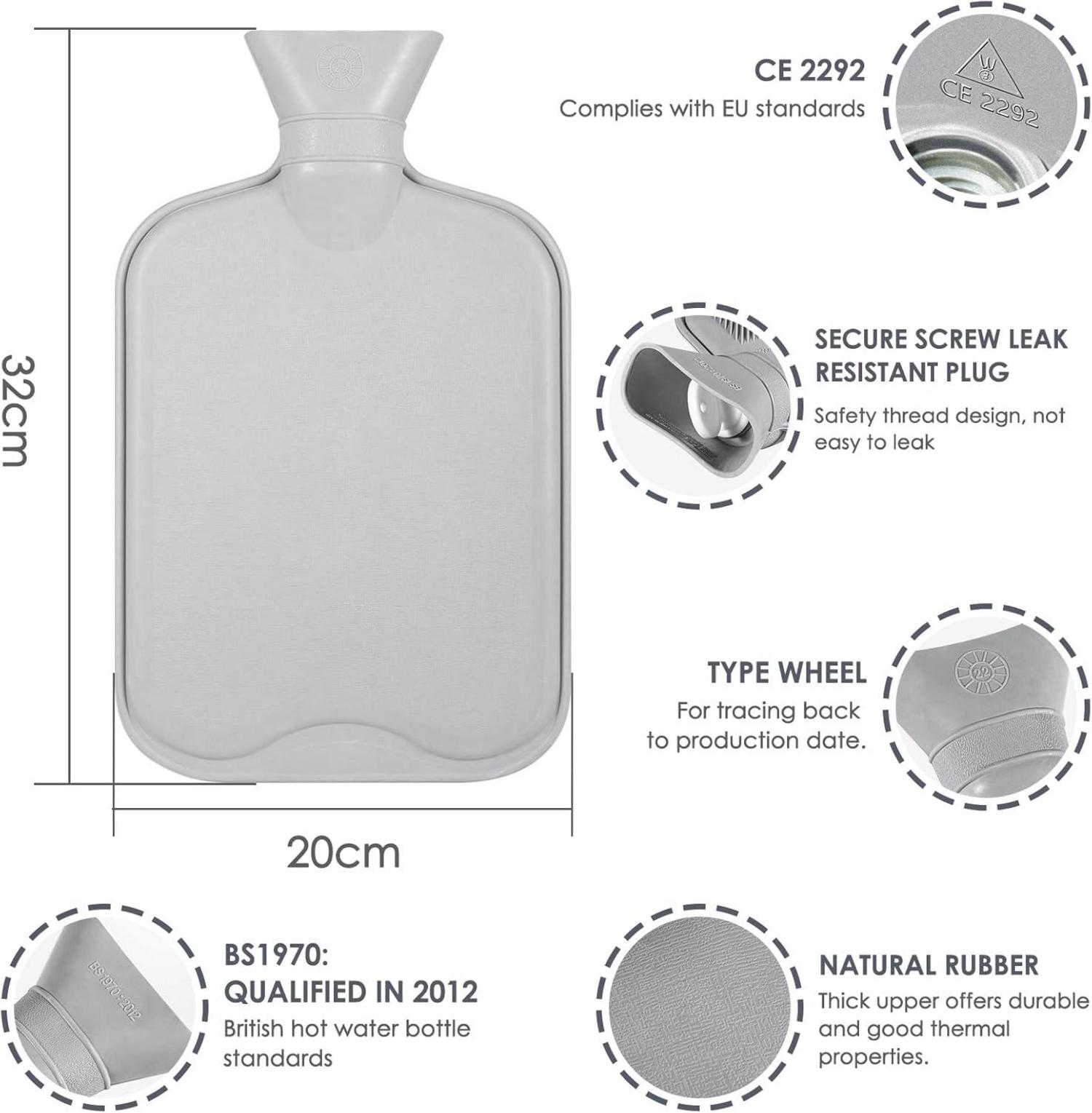BOLEi Wärmflasche 2L mit Weichem Bezug & Kängurutasche Grau
