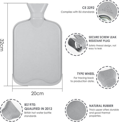 BOLEi Wärmflasche 2L mit Weichem Bezug & Kängurutasche Grau