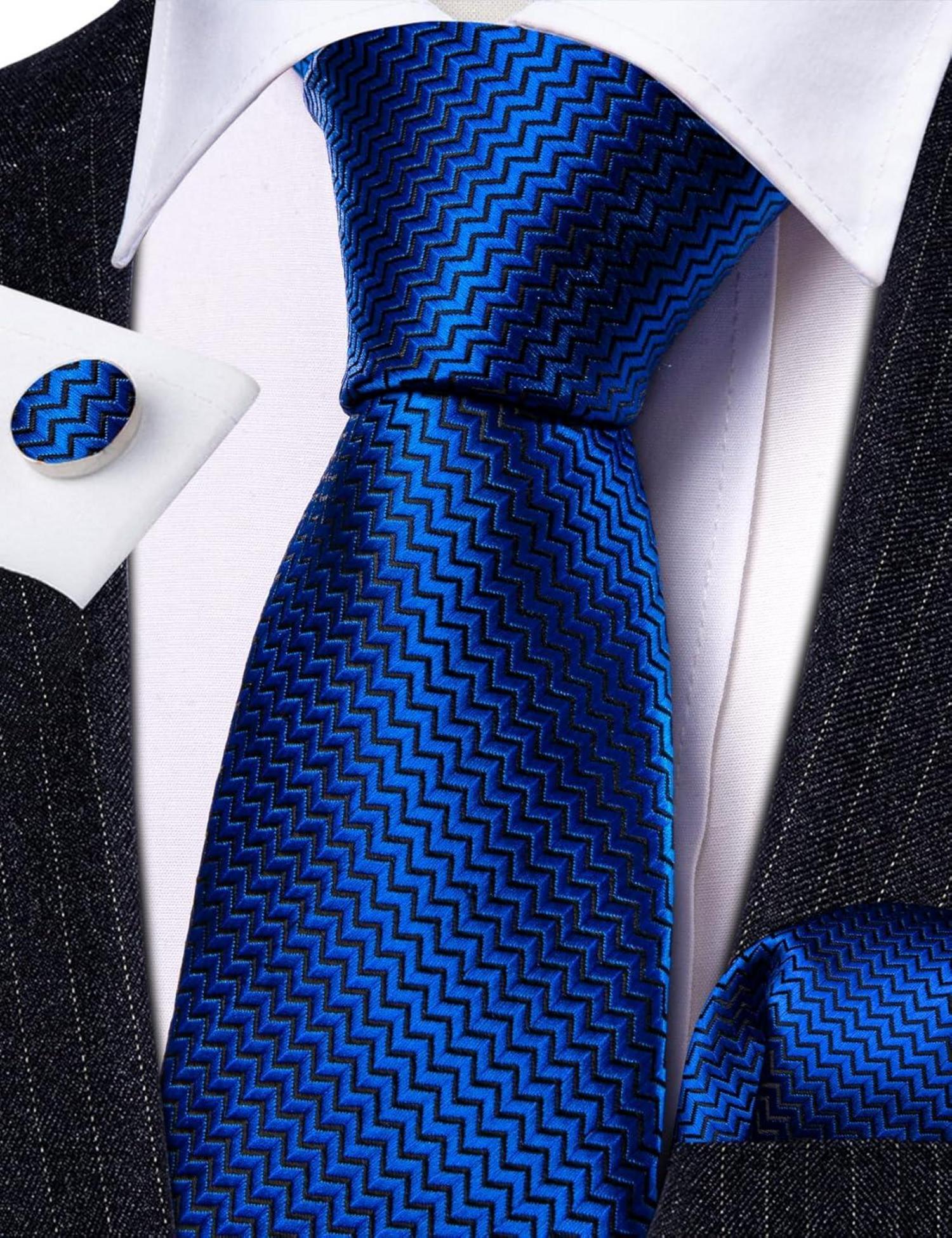 Blau Satin Krawattenset Hochzeit Einstecktuch Manschettenklammer