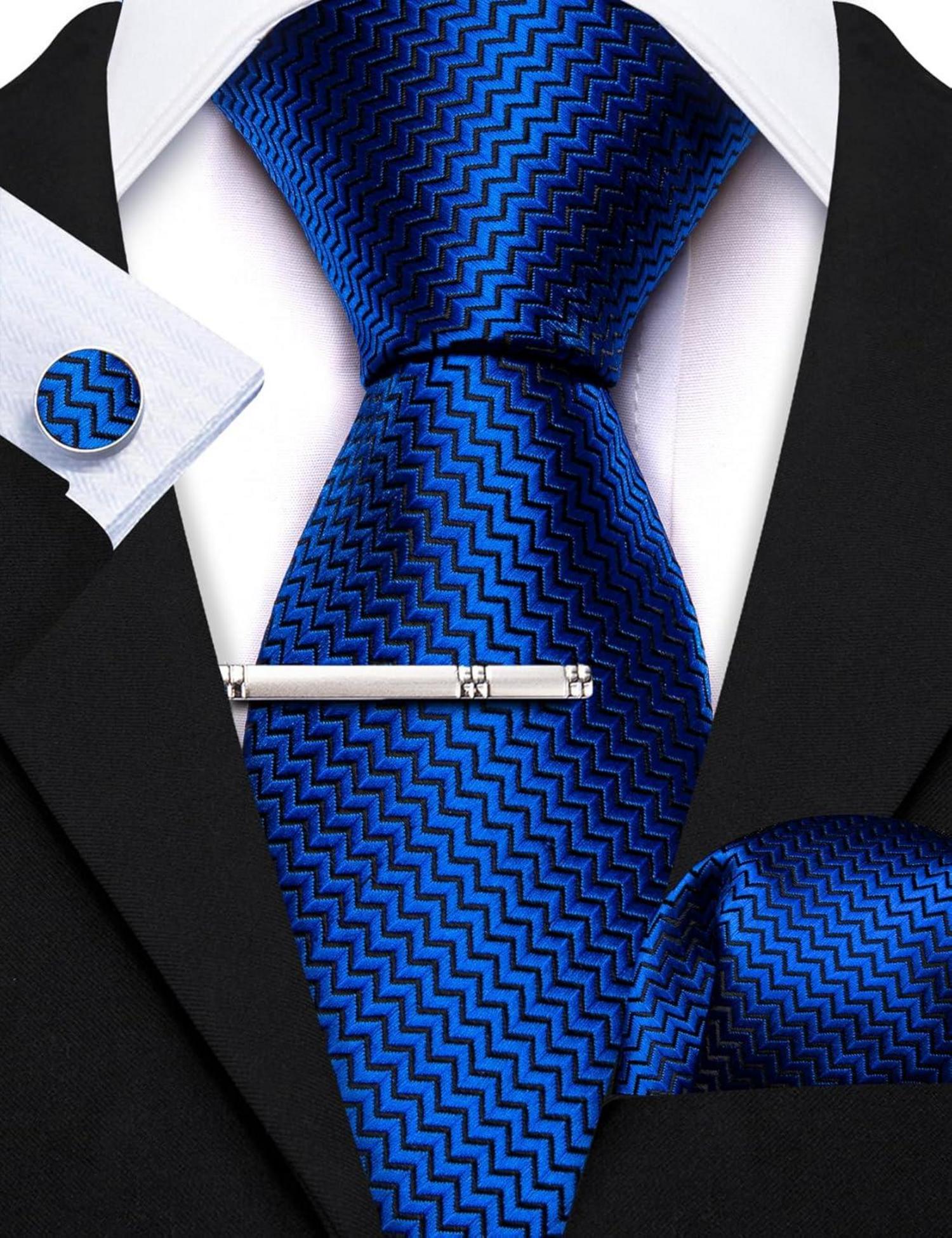 Herren Satin Krawatte & Einstecktuch Set Hochzeit Blau Einfarbig
