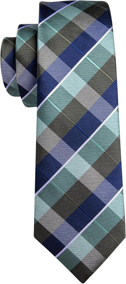 Barry.Wang Herren Krawatte Set Seiden Streifen Plaid Hochzeit Formell Blau Grün