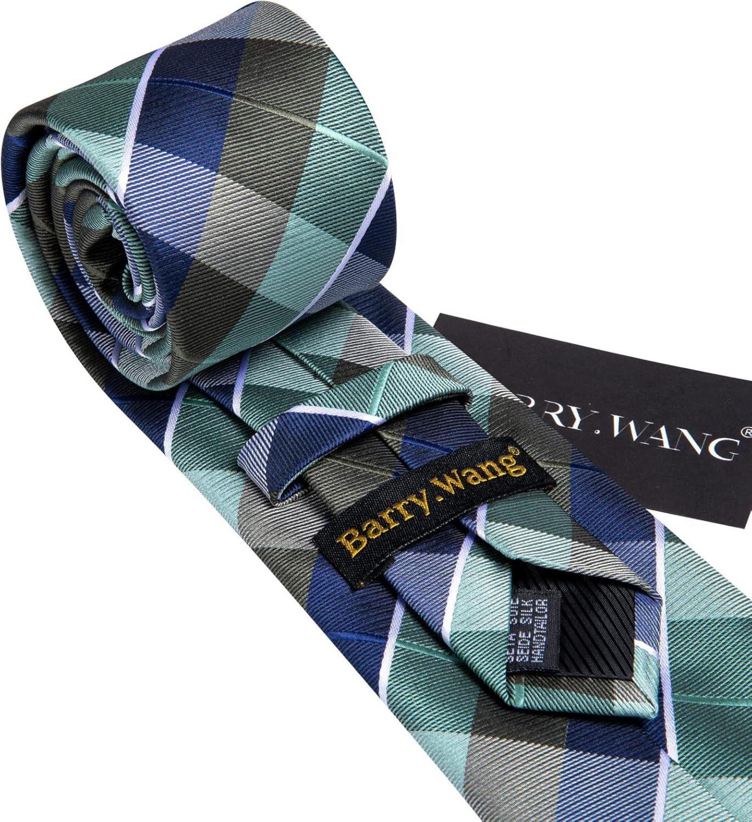 Herren Krawatten Set Seiden Streifen Plaid Hochzeit Taschentuch Blau Grün
