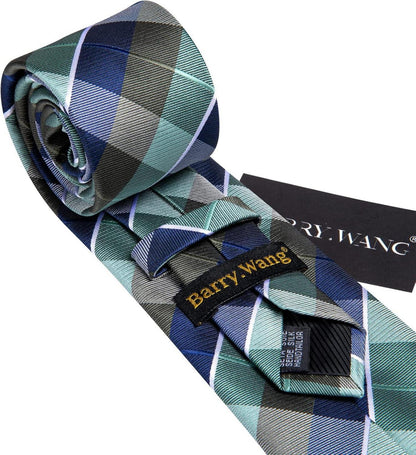 Herren Krawatten Set Seiden Streifen Plaid Hochzeit Taschentuch Blau Grün