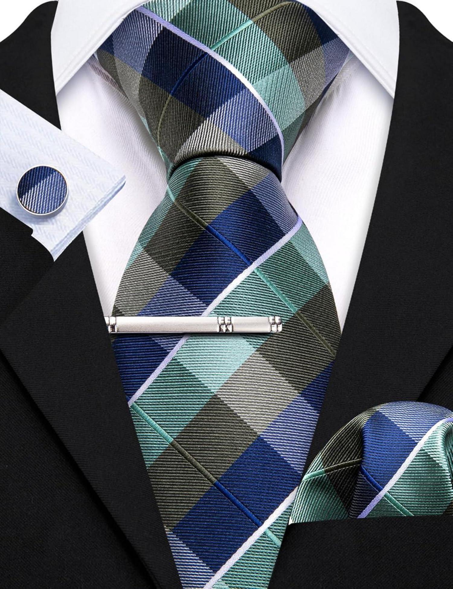 Herren Krawattenset Seide Streifen Plaid Taschentuch Manschettenknopf
