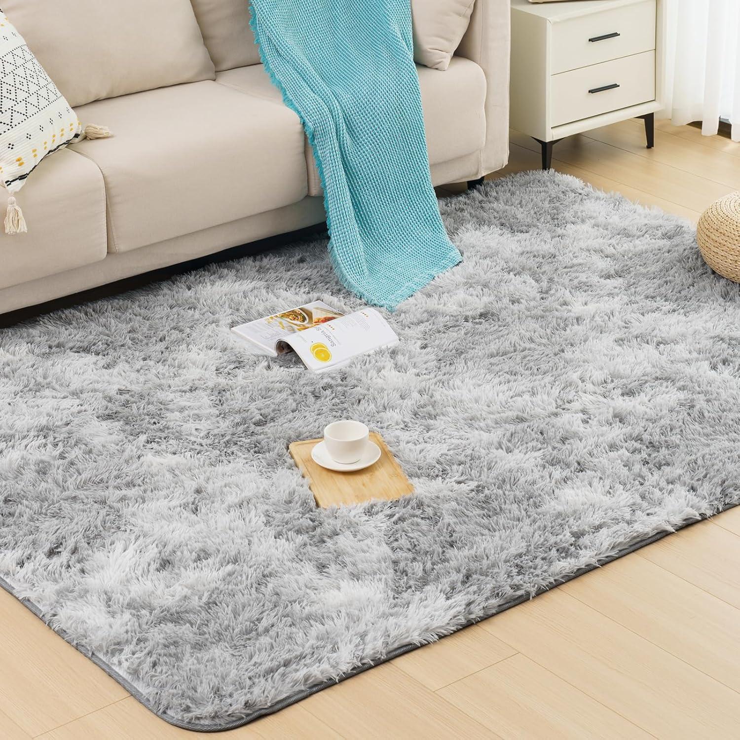 Hochflor Shaggy Teppich 120x170cm Hellgrau für Wohnzimmer