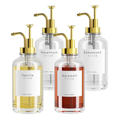 Pumpspender Sirup Spender Glasflasche 500ml 4x + Etiketten