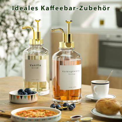 Pumpspender Sirup Spender Glasflasche 500ml 4x + Etiketten