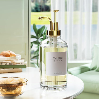 Pumpspender Sirup Spender Glasflasche 500ml 4x + Etiketten