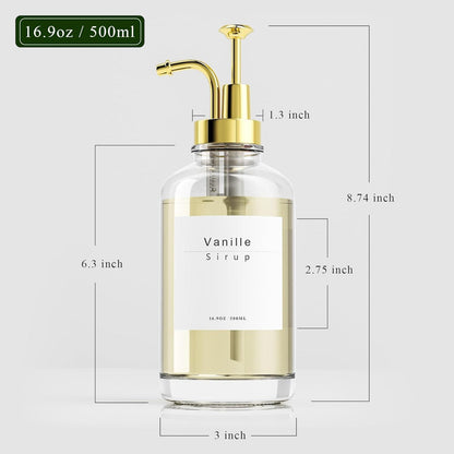 Pumpspender Sirup Spender Glasflasche 500ml 4x + Etiketten