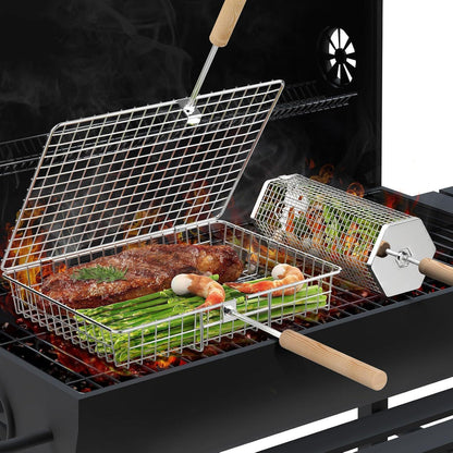 Grillkorb Set 3 Stück mit Holzgriff Grill Zubehör Drehspieß