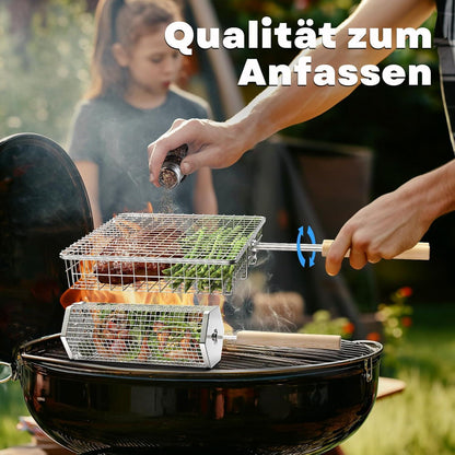 Grillkorb Set 3 Stück mit Holzgriff Grill Zubehör Drehspieß
