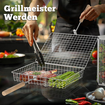 Grillkorb Set 3 Stück mit Holzgriff Grill Zubehör Drehspieß