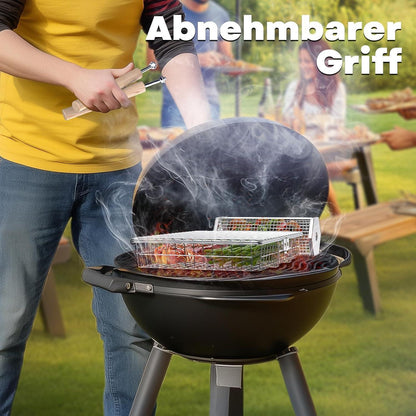 Grillkorb Set 3 Stück mit Holzgriff Grill Zubehör Drehspieß