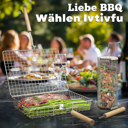 Grillkorb Set 3 Stück mit Holzgriff Grill Zubehör Drehspieß