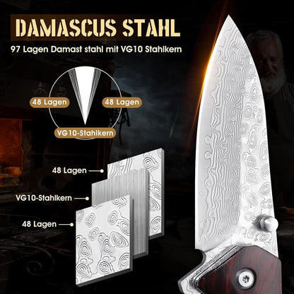 Damast Klappmesser VG10 Stahl Outdoor Messer mit Lederscheide