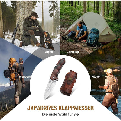 Damast Klappmesser VG10 Stahl Outdoor Messer mit Lederscheide