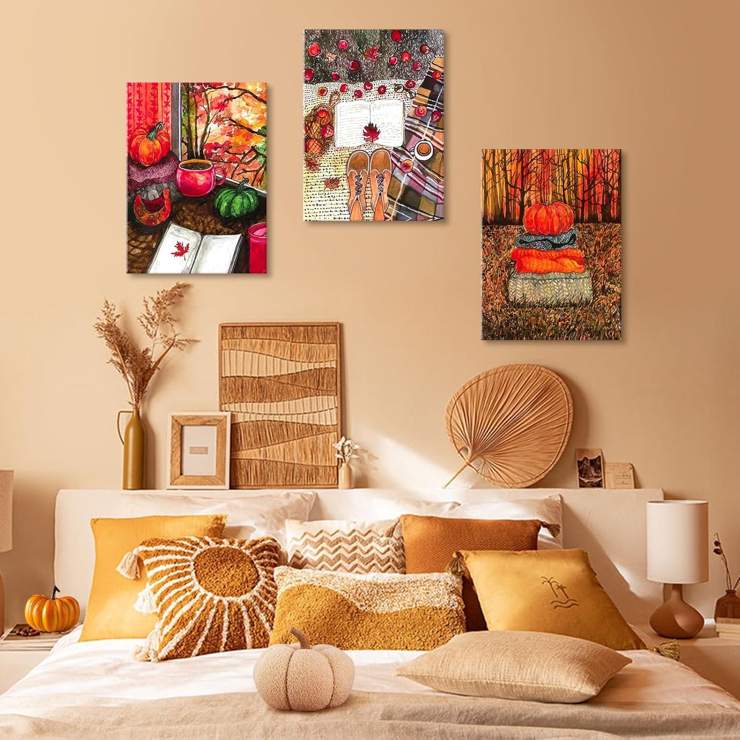 Leinwandbilder 3er-Set 30x40cm Herbst Kürbis Dekor Wandbilder Holzrahmen