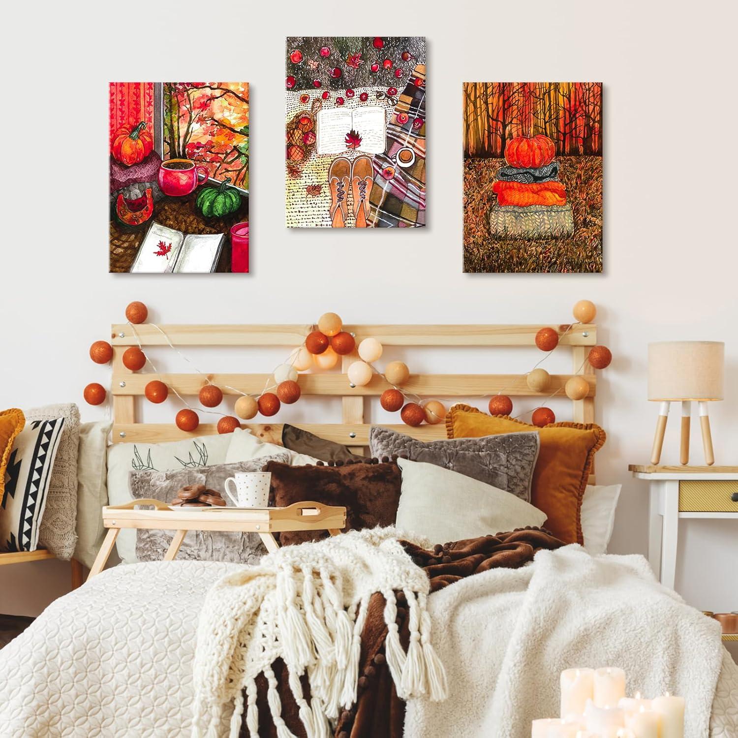 3er-Set Leinwandbilder 30x40cm Herbst Kürbis Dekor Holzrahmen