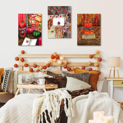 3er-Set Leinwandbilder 30x40cm Herbst Kürbis Dekor Holzrahmen