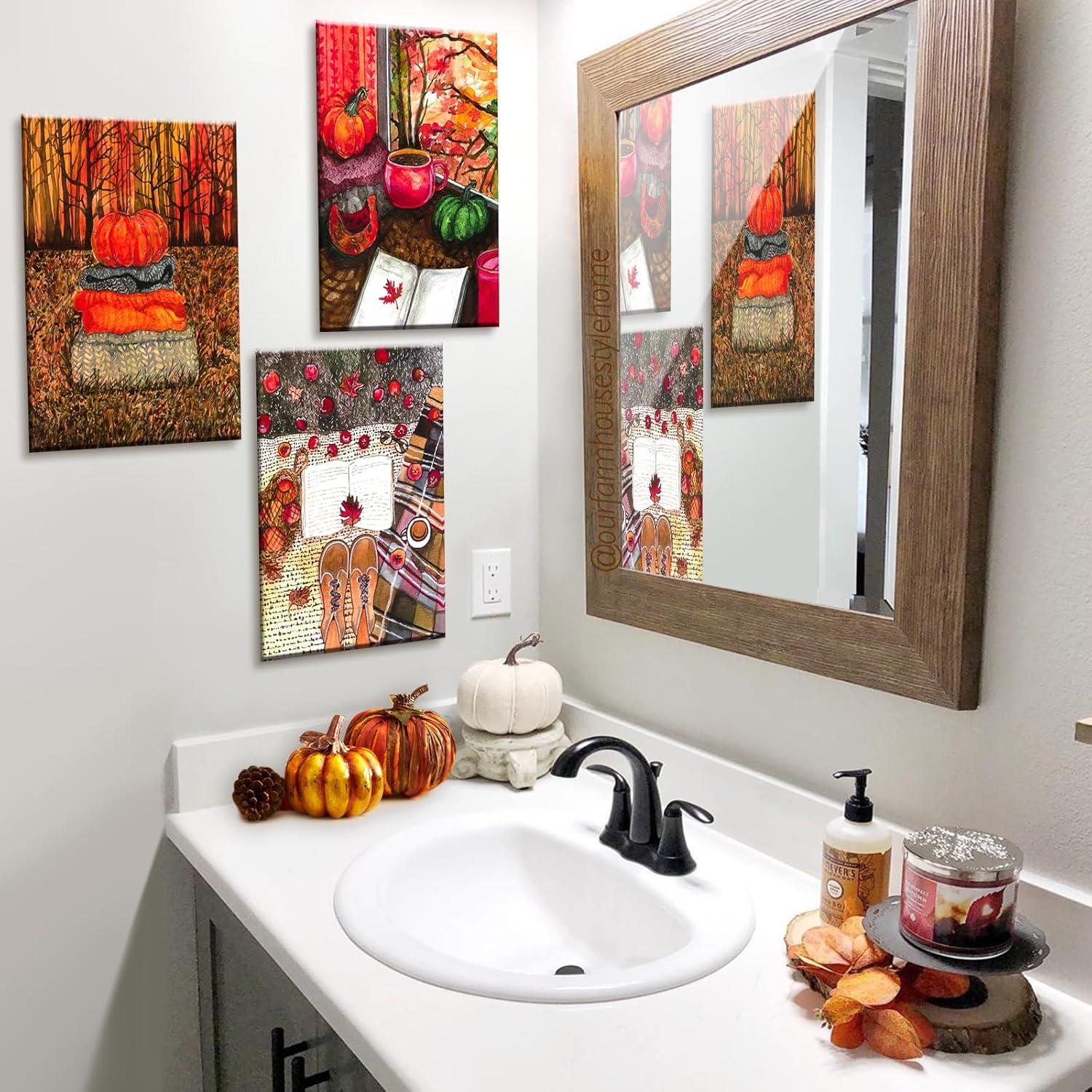 3er-Set Leinwandbilder 30x40cm Herbst Kürbis Dekor Holzrahmen