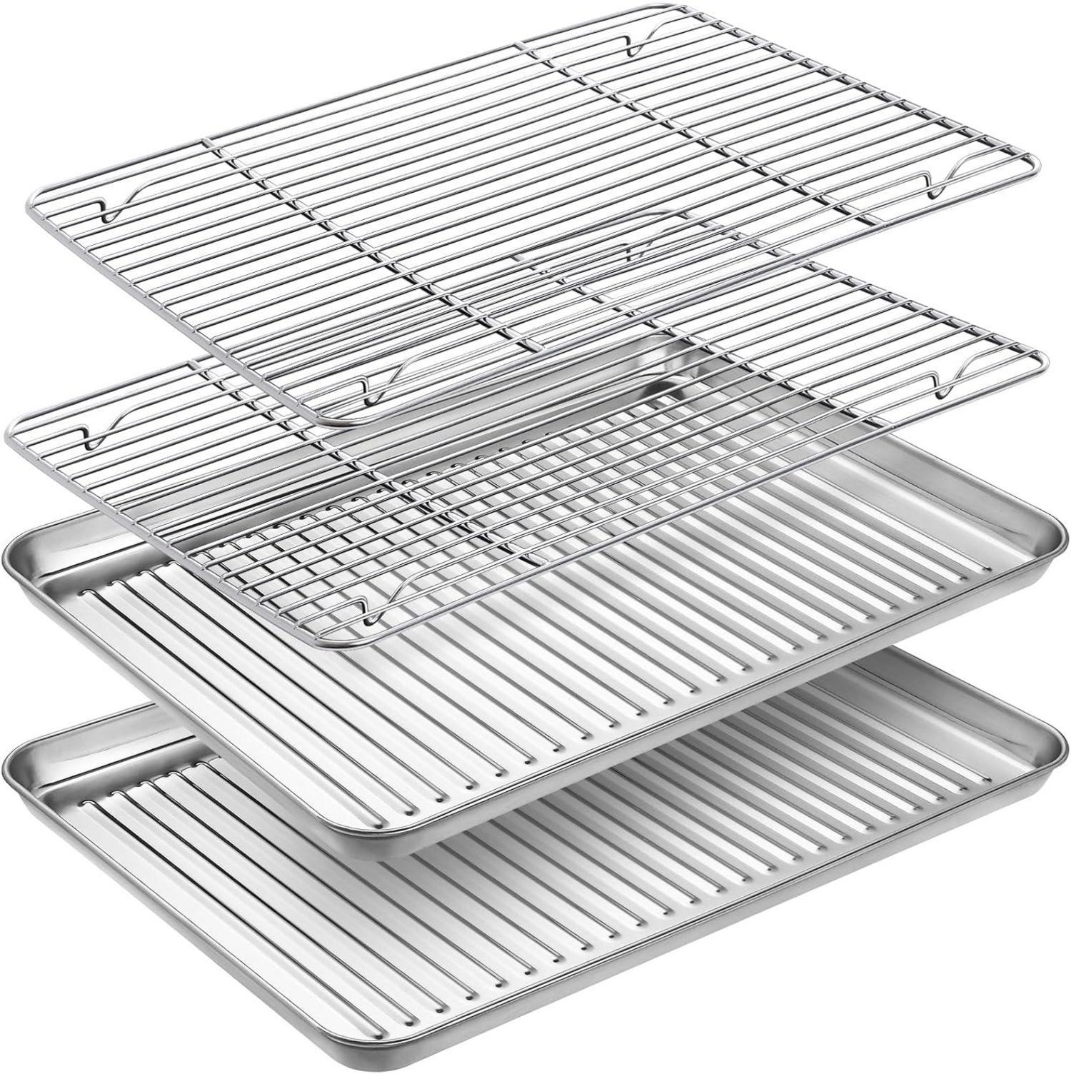 Edelstahl Backblech Set mit Abkühlgitter, Rechteckig, Groß, 4er Set