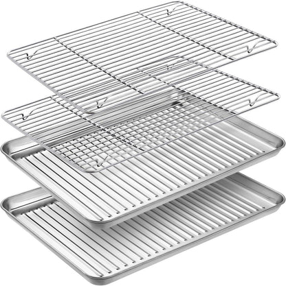 Edelstahl Backblech Set mit Abkühlgitter, Rechteckig, Groß, 4er Set
