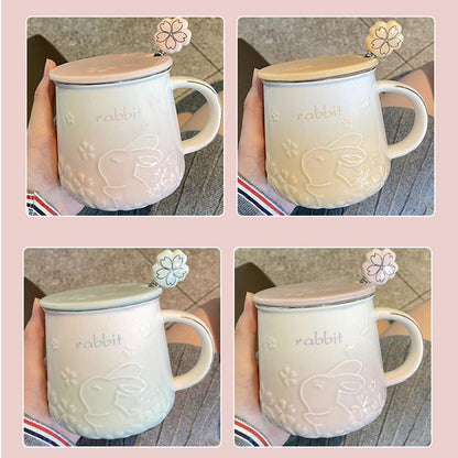 Hasen Tasse mit Deckel & Löffel – Süßer Becher mit Kirschblüte (Grün)