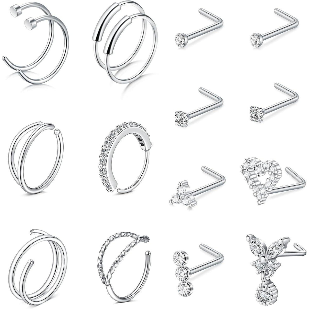 Nasenpiercing Set 316L Chirurgenstahl 20G L-Form & Ringe Silber Gold