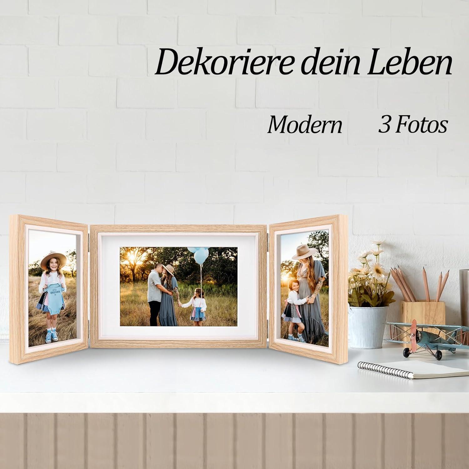 Dreifach-Bilderrahmen 10x15 13x18 Holzmaserung Kornfarben