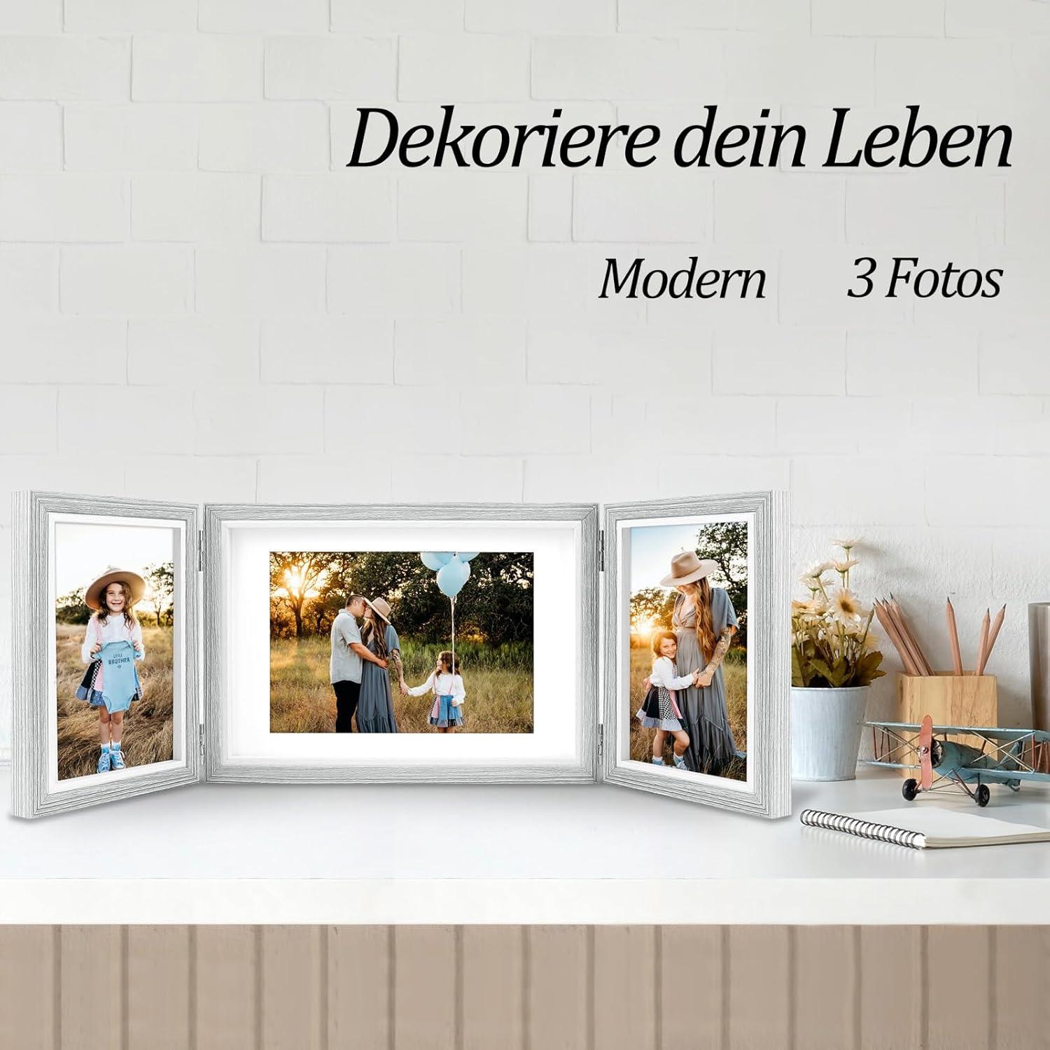 Dreifach Bilderrahmen für 3 Fotos, 10x15 und 13x18 cm, Grau