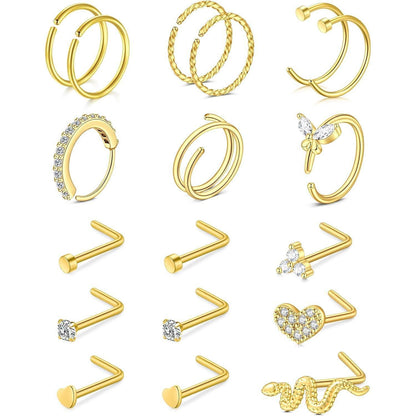 Nasenpiercing Set 316L Chirurgenstahl 20G Silber Gold L-Form Ringe