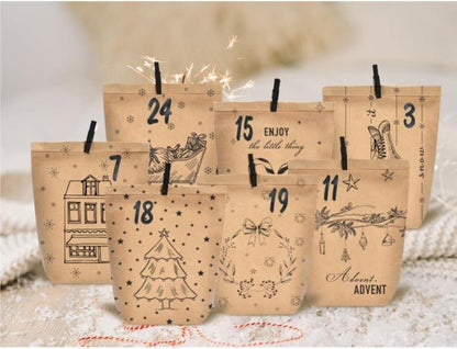 Adventskalender zum Befüllen 24 Weihnachtskalender Papiertüten Selbst Basteln DIY Kraftpapiertüten Braun Schwarz