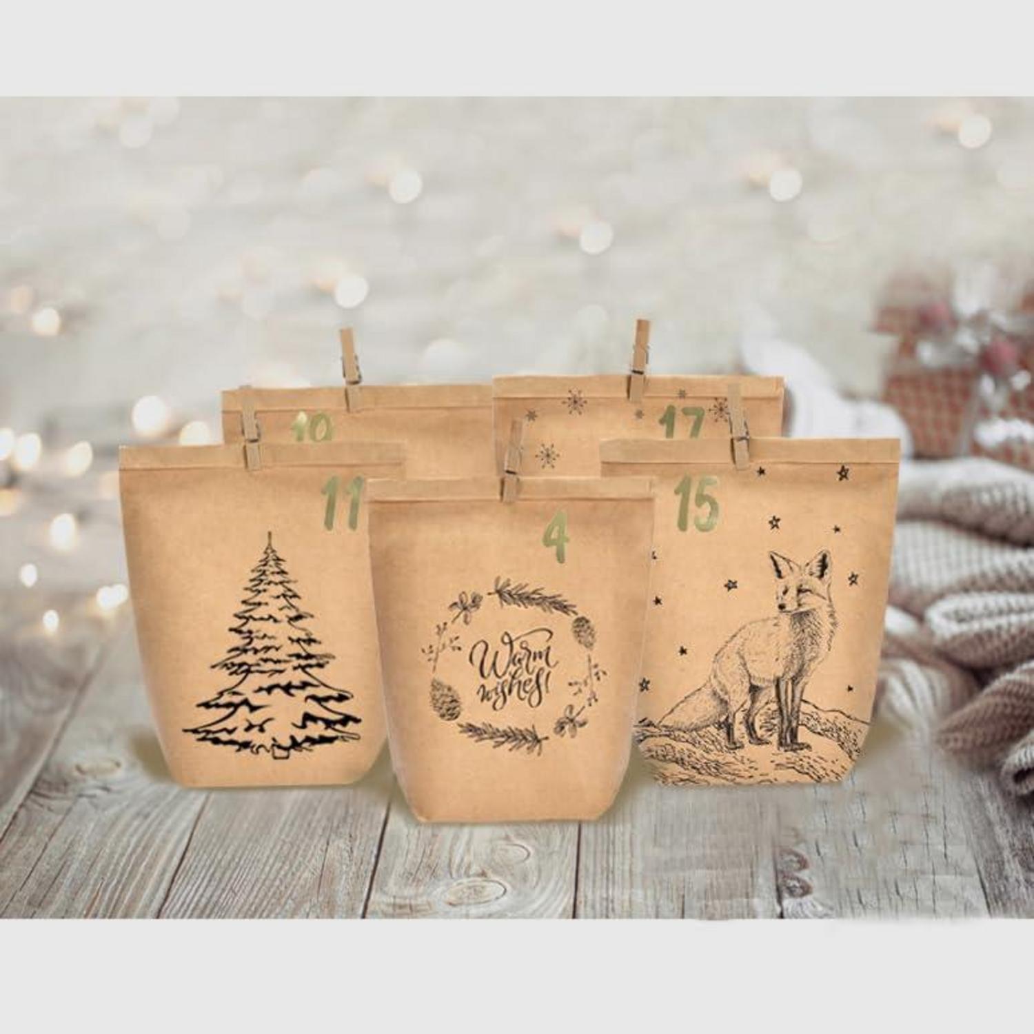 Adventskalender zum Basteln und Befüllen, 24 Kraftpapiertüten in Schwarz-Braun