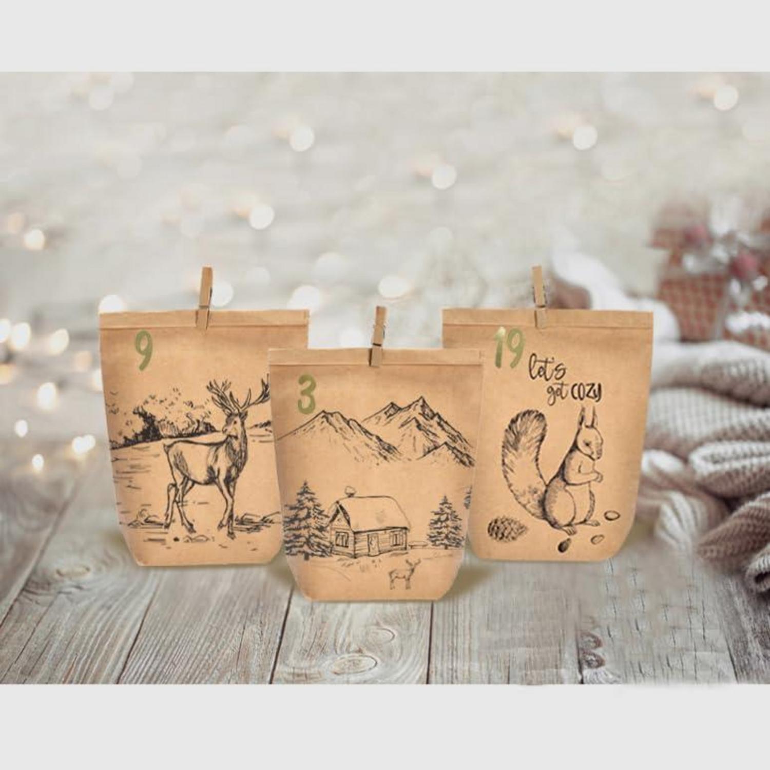 Adventskalender zum selber basteln & füllen 24 Weihnachtstüten Schwarz Braun