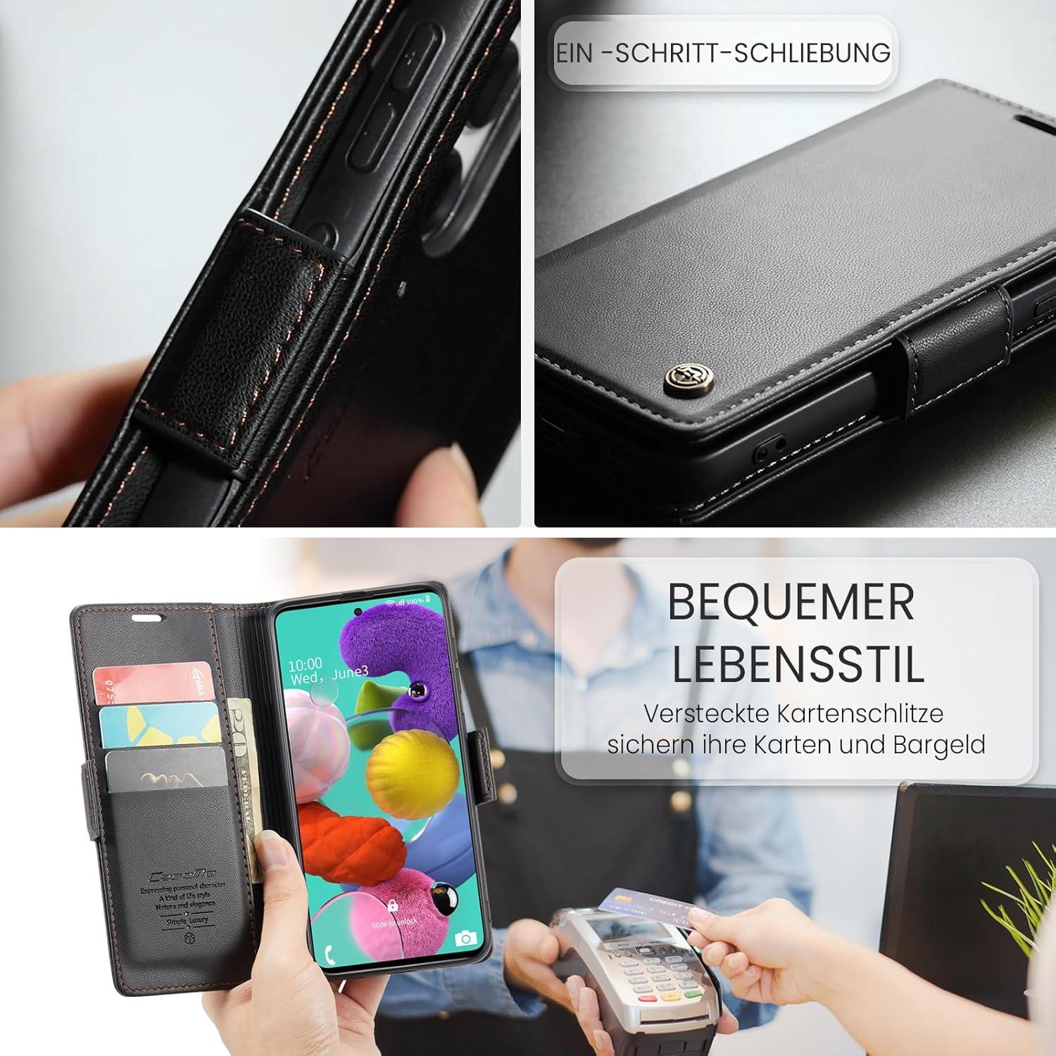 Samsung A51 Handyhülle Schwarz Leder Klappbar RFID Wallet