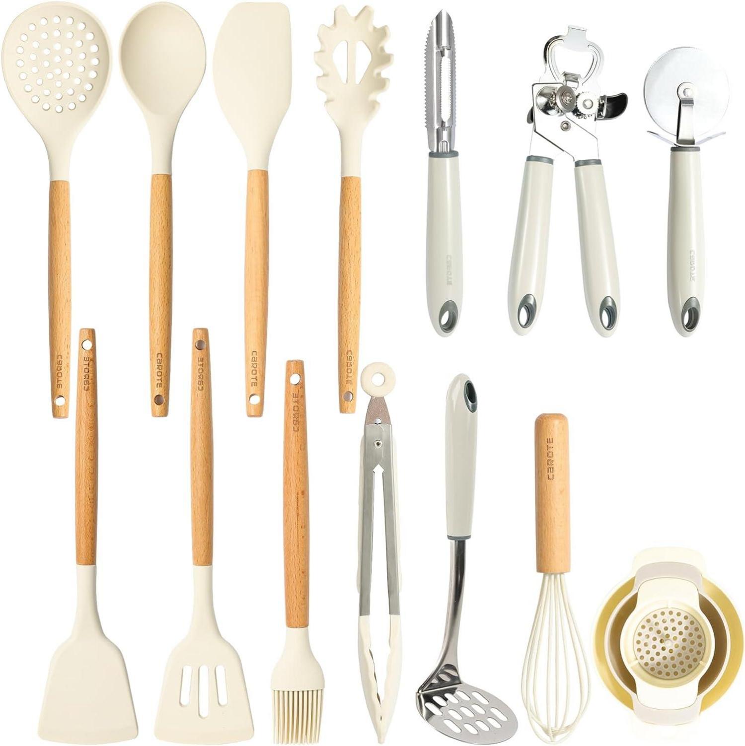 16-teiliges Silikon Küchenutensilien Set mit Holzgriff