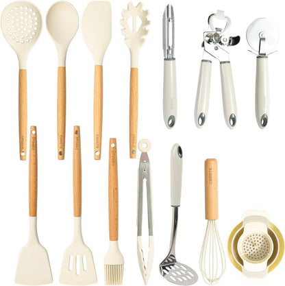 16-teiliges Silikon Küchenutensilien Set mit Holzgriff