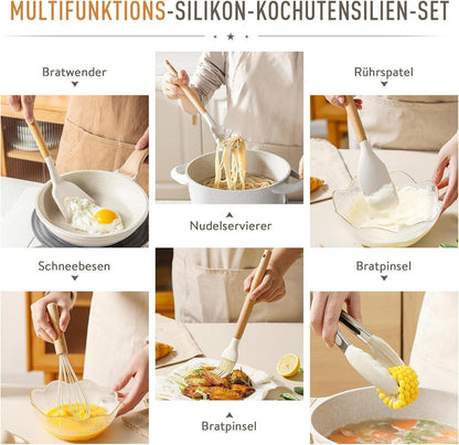 16-teiliges Silikon Küchenutensilien Set mit Holzgriff