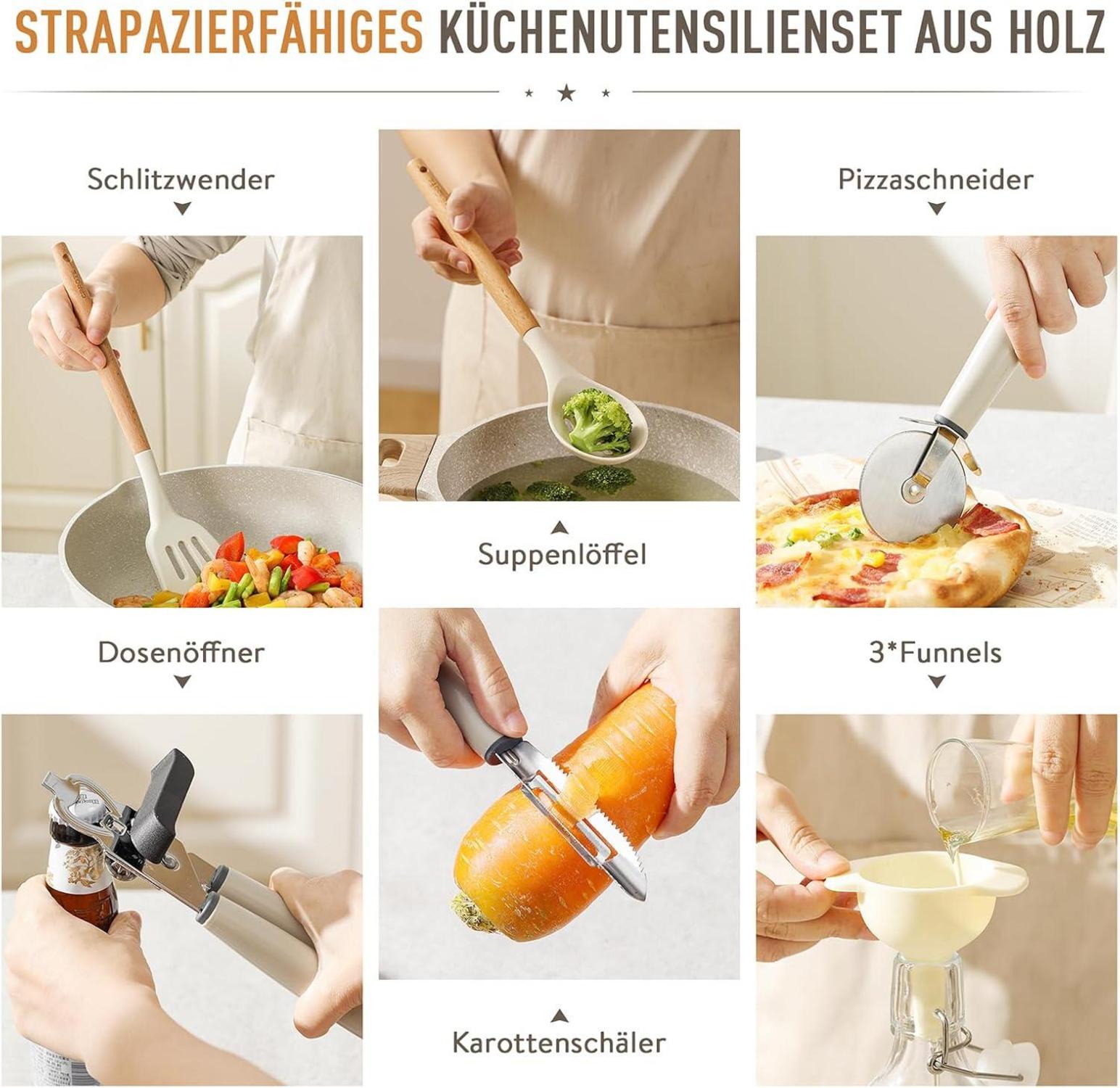 Küchenhelfer Set 16-teilig Silikon Holzgriff Hitzebeständig Antihaft