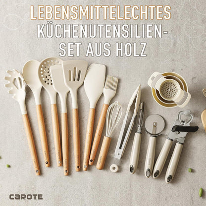 16-teiliges Silikon Küchenhelfer Set mit Holzgriffen, hitzebeständig, BPA-frei