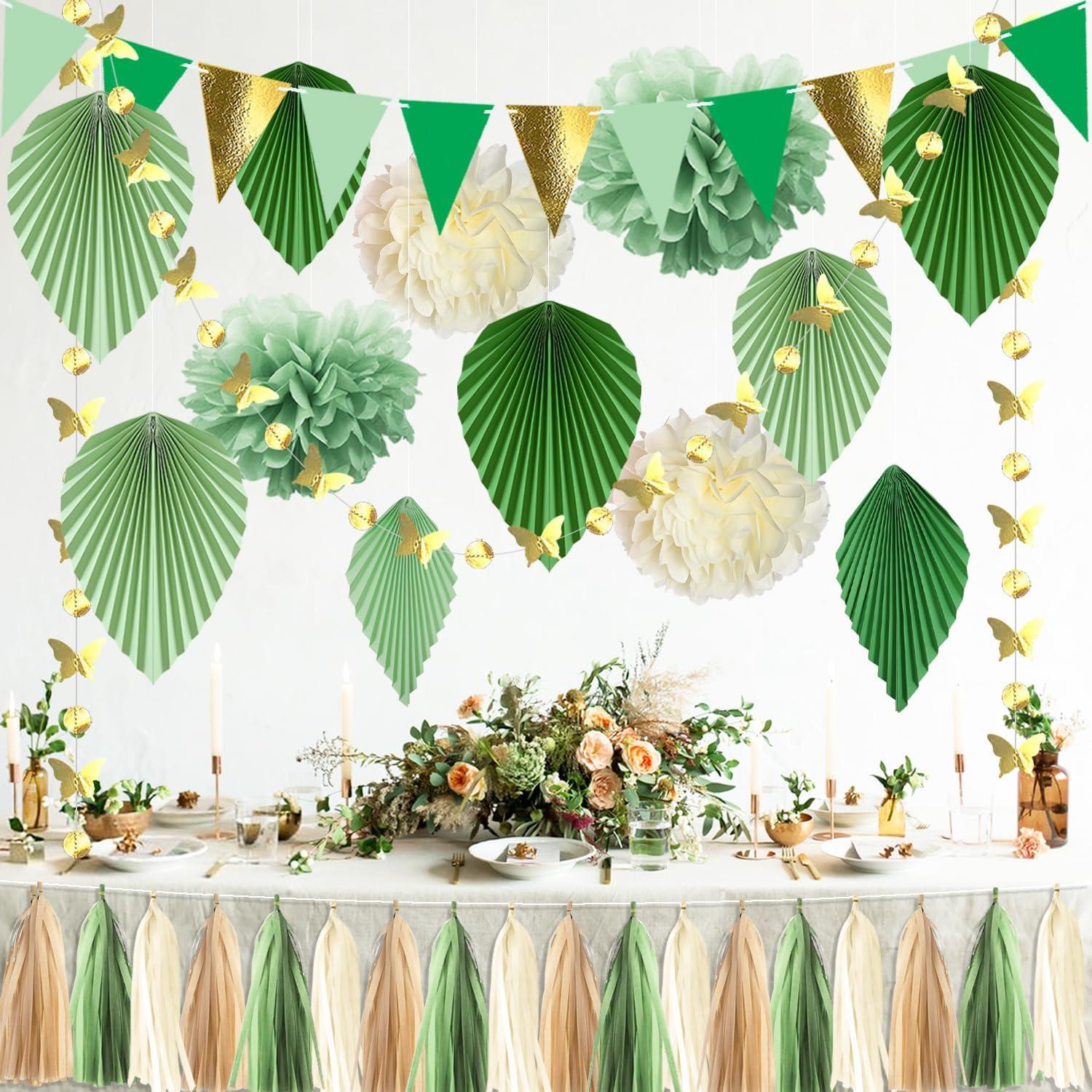 Party Deko Set grün gold - Blumenbälle Tassel Girlande Wimpel