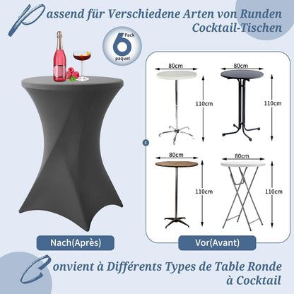 6er-Set Grau Stretch Stehtisch Husse für Bistrotisch Ø80-85