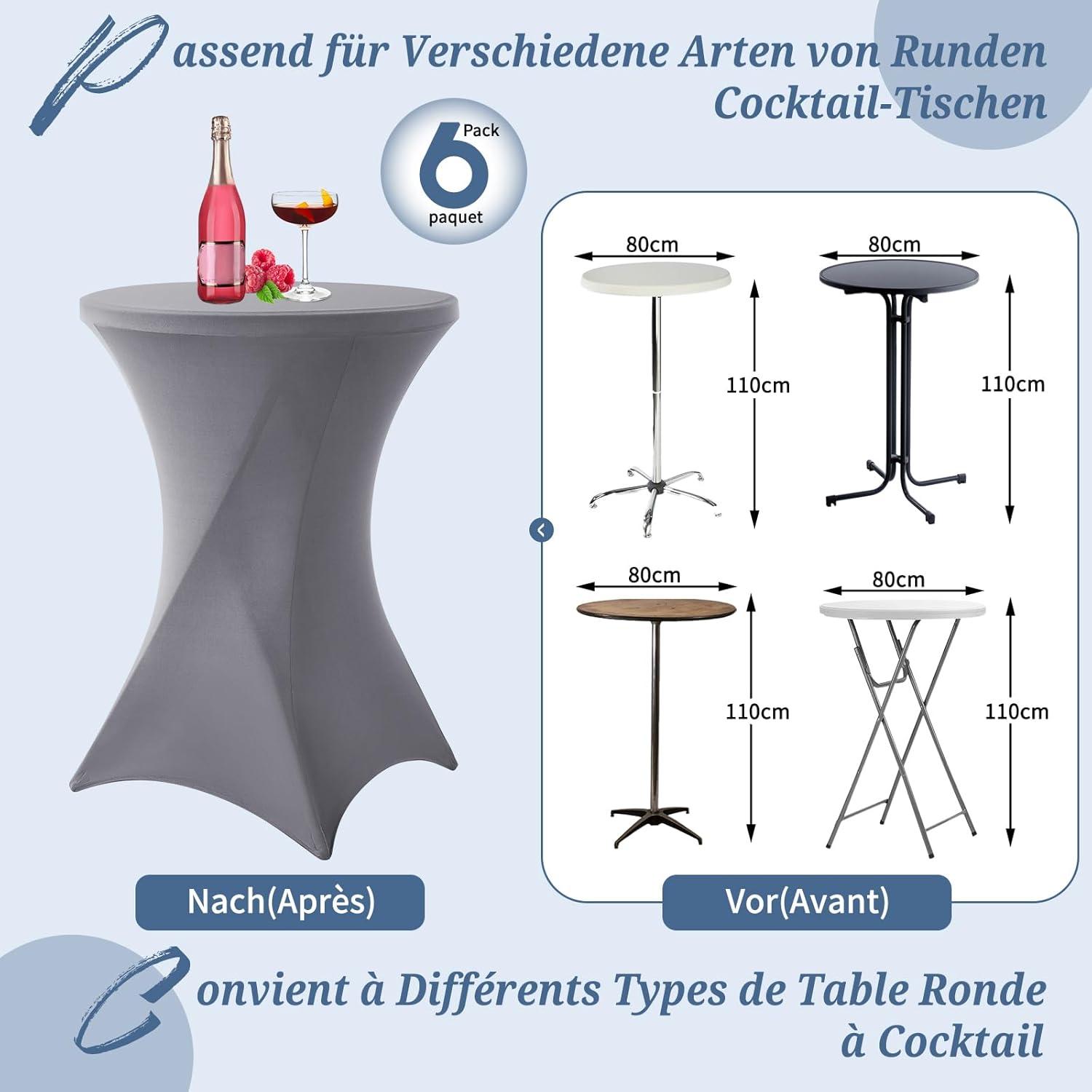 6er-Set Grau Stretch Stehtisch Husse für Bistrotisch Ø80-85