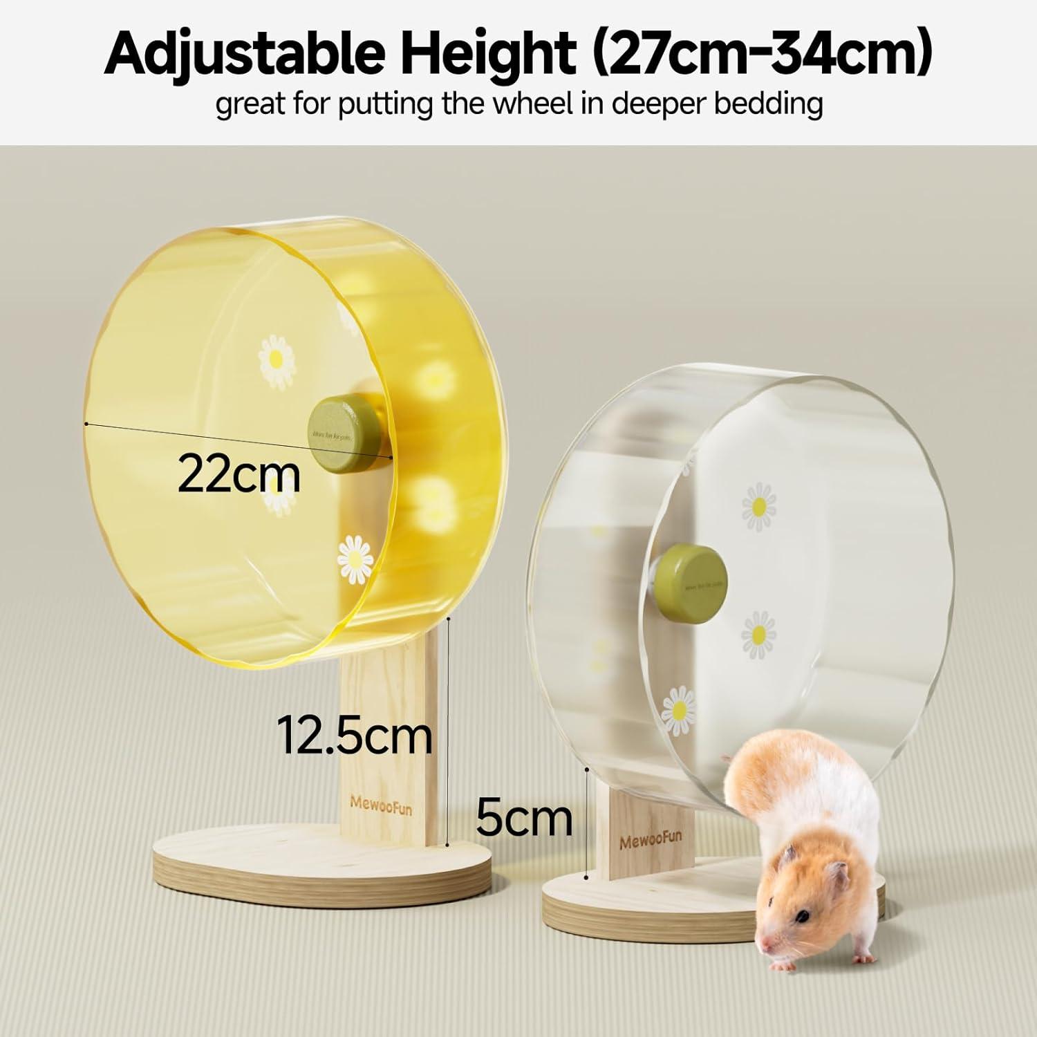 MEWOOFUN Holz Hamsterrad für Hamster 22 cm - Transparent, verstellbar, leise