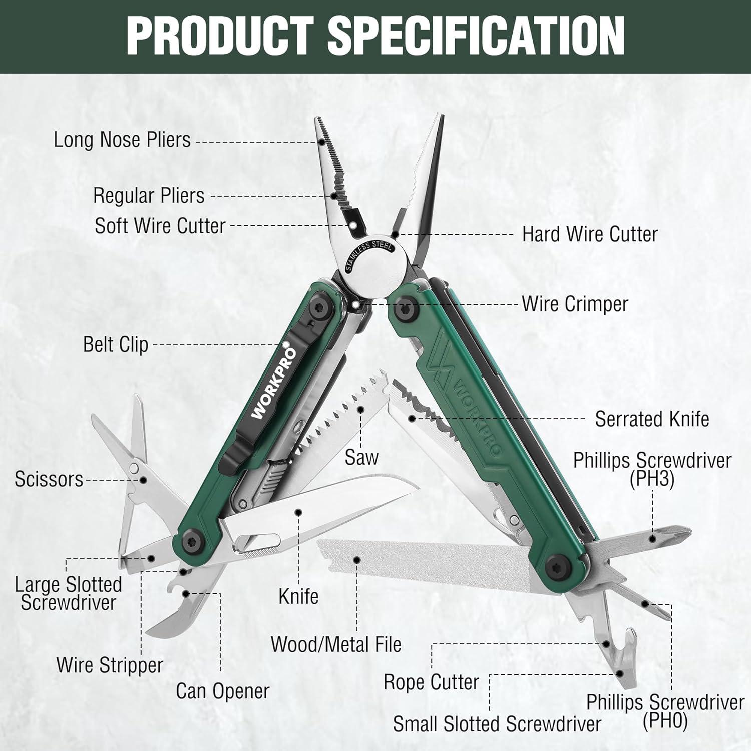 WORKPRO Multifunktionszange 18-in-1 Multitool Edelstahl Grün