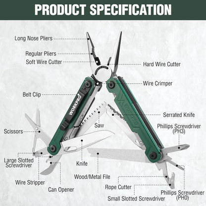 WORKPRO Multifunktionszange 18-in-1 Multitool Edelstahl Grün