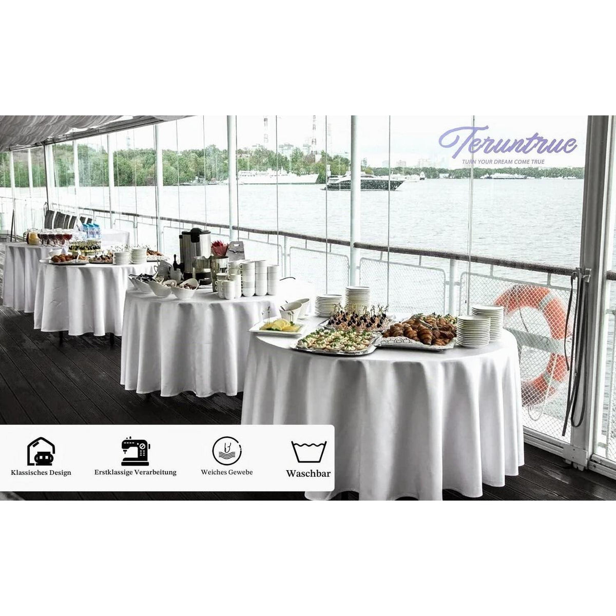 8x Runde Tischdecke 305cm – Weiß, Waschbar & Premium
