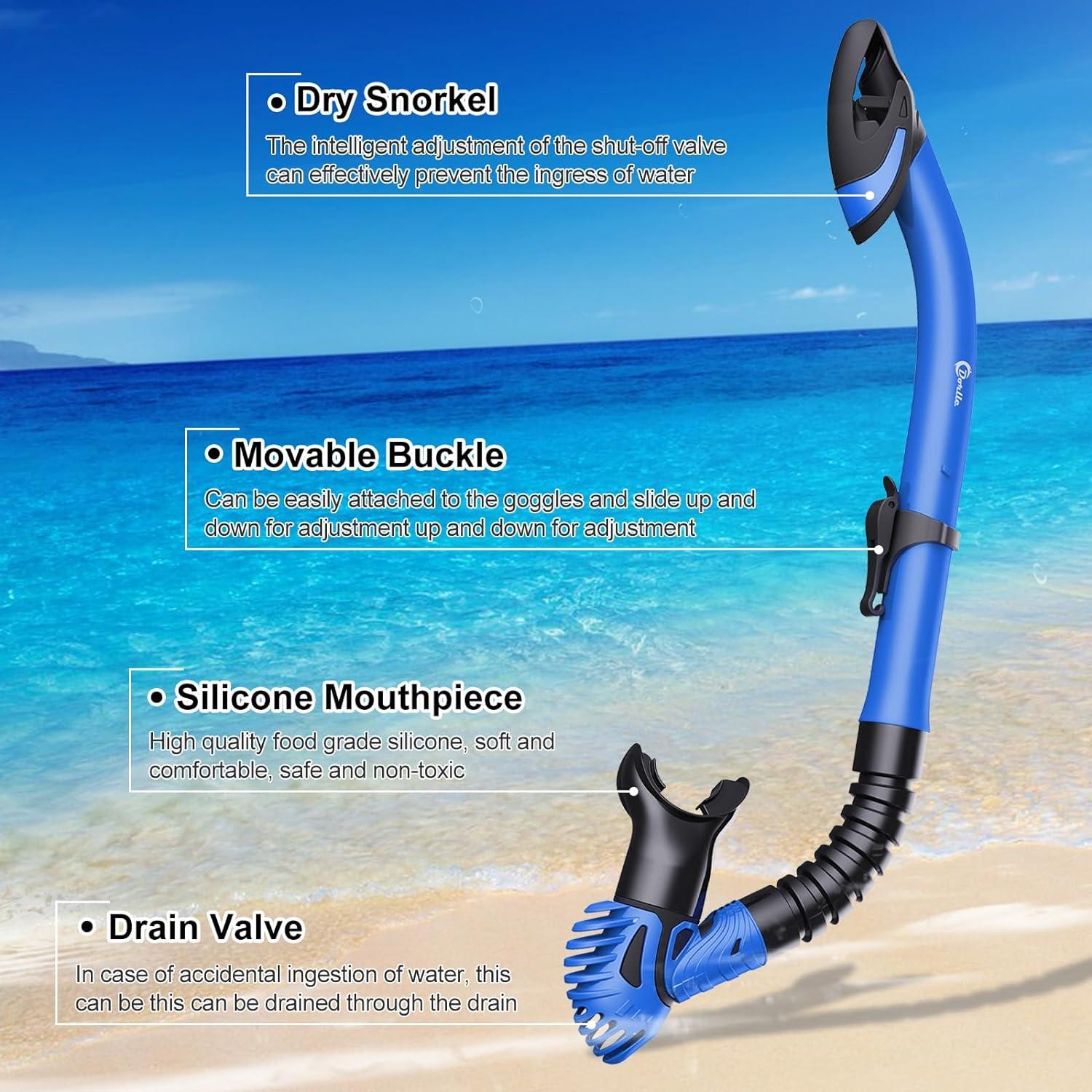 Dorlle Schnorchelset Erwachsene Premium Dry Schnorchel Gehärtetes Glas 180° Panorama Anti-Fog Anti-Leck Tauchmaske Blau