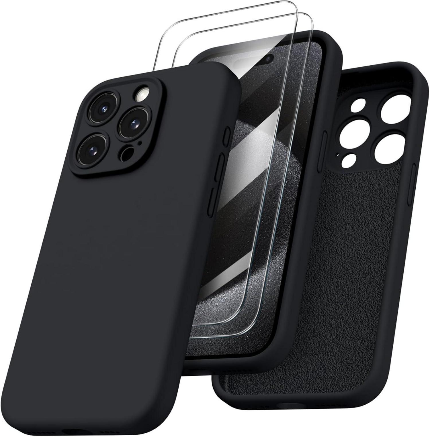 iPhone 15 Pro Max Hülle flüssiges Silikon Kameraschutz 2 Schutzfolien